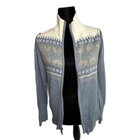 Eddie Bauer Blue & White Winter Design Zip Up Sweater, Medium, Pre-owned - Picture 3 of 6